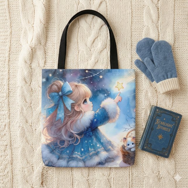 Tote Bag Fille Rêveuse Observatrice d'Étoiles Aquarelle (Whimsical Star Gazer Girl Watercolor Tote Bag)