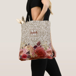 Tote Bag Fille Rose Or Floral Monogramme Parties scintillan