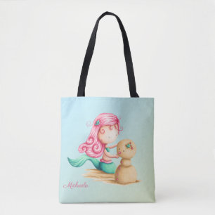 Tote Bag Fille sirène jouant avec le sable Personnalisé
