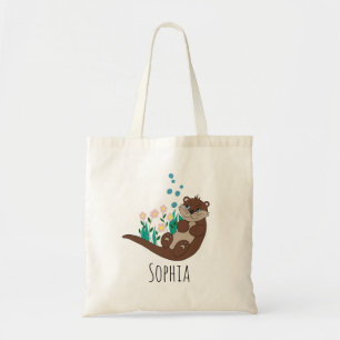 Tote Bag Filles Cute Otter Fleurs de dessins et nom Enfants
