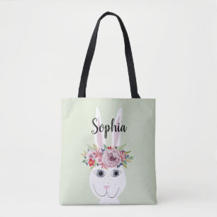 Tote Bag Filles Fleurs Whimsical Aquarelle Rabbit and Name