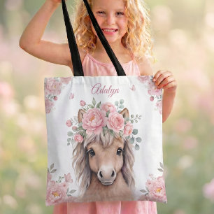 Tote Bag Filles Mignon Rose Floral Cheval Nom Personnalisé