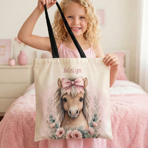 Tote Bag Filles Mignon Rose Floral Cheval Nom Personnalisé