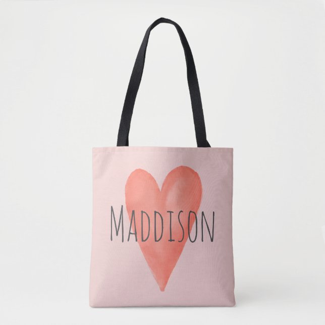 Tote Bag Filles mignonnes Fille Aquarelle Coeur rose (Devant)