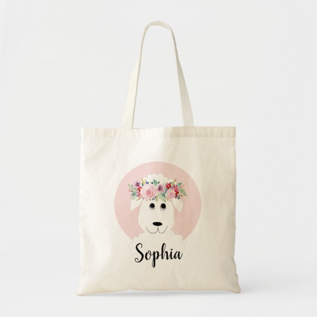Tote Bag Filles Moderne Whimsical Floral Moutons et nom (Devant)