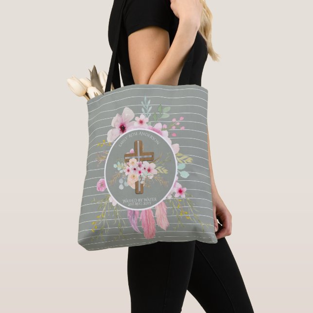 Tote Bag Filles personnalisées BAPTISM - Sage Croix Florale (De près)