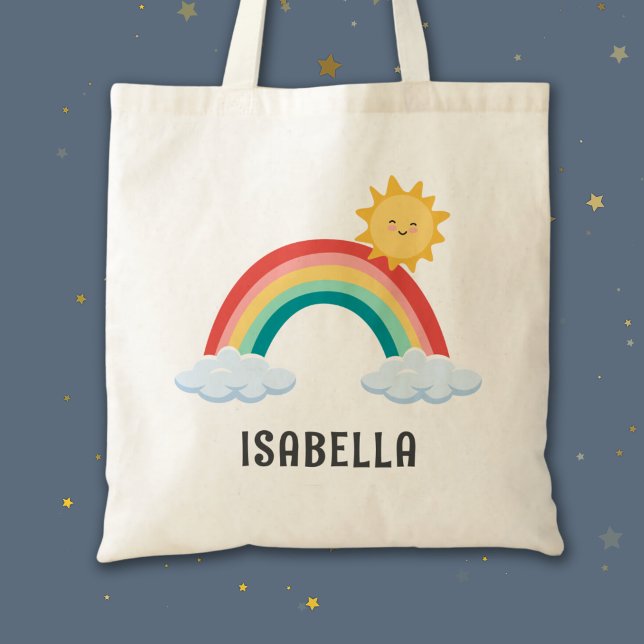 Tote Bag Filles tendance Whimsical Rainbow Cartoon Nom des  (Girls Trendy Whimsical Rainbow Cartoon Kids Name Tote Bag)
