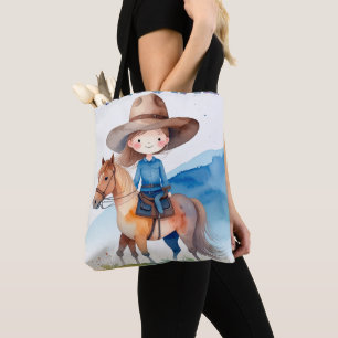 Tote Bag Fillette Vachère Mignonne Chevauchant un Cheval De