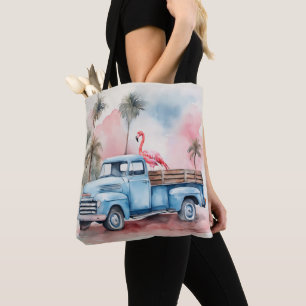 Tote Bag Flamant rose En Camion Bleu Rétro