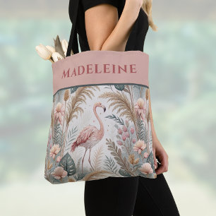 Tote Bag Flamant rose et feuillage en rose et sauge Dusty