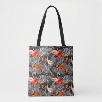 Tote Bag Flamant rose et fleurs, motif monochrome.