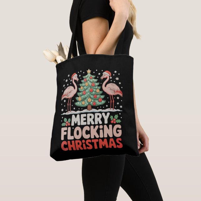 Tote Bag Flamant rose Joyeux Flockage Noël Funny Noël (De près)