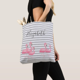 Tote Bag Flamant Rose Mignon Nom Personnalisé Rayures Grise