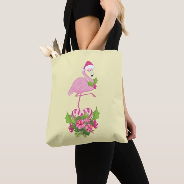 Tote Bag Flamant rose rose à Santa Hat Noël Whimsical (De près)