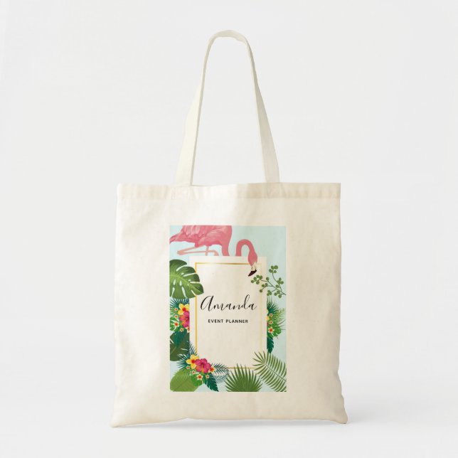 Tote Bag Flamant rose rose élégant et Feuilles tropicaux (Devant)