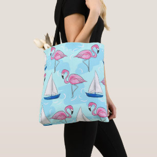 Tote Bag Flamant rose rose Preppy Blue Voilier