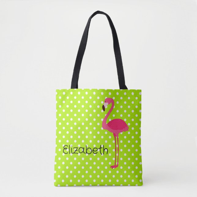Tote Bag Flamant rose rose tropical sur Pois blancs verts (Devant)
