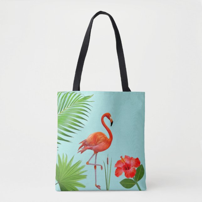 Tote Bag Flamant rose rouge, Hibiscus & Palm Tropical Feuil (Devant)