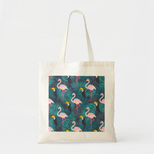 Tote Bag Flamant rose, toucan : motif de feuilles tropicale
