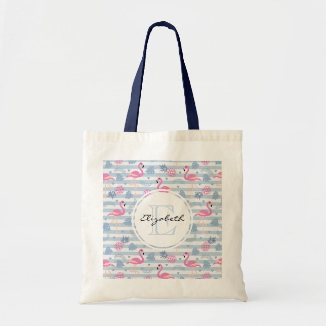 Tote Bag Flamant rose Whimsical et ananas Motif Monogramme (Devant)