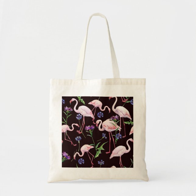 Tote Bag Flamants d'aquarelle et fleurs sauvages motif. (Devant)