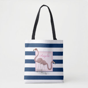 Tote Bag Flamants roses de dessin animé rayés modernes - Pe