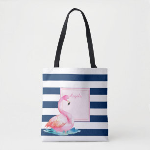 Tote Bag Flamants roses mignons rayés modernes