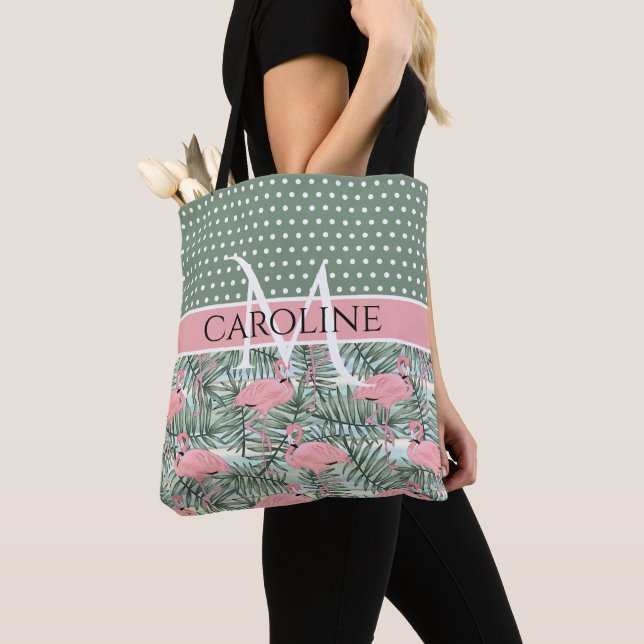 Tote Bag Flamants roses personnalisés motif feuilles de pal (De près)