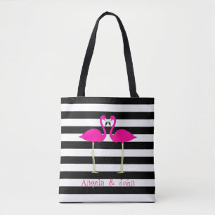 Tote Bag Flamants roses personnalisés, rayures noires et bl