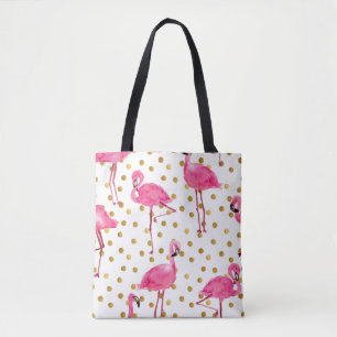Tote Bag Flamants roses, points dorés, aquarelle.