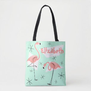Tote Bag Flamants roses Retro Green Nom partout en rose ret