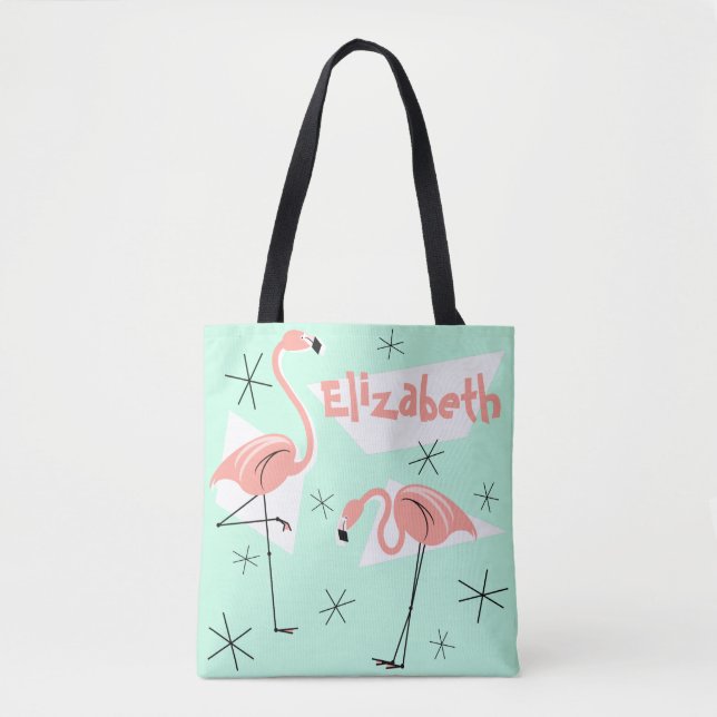 Tote Bag Flamants roses Retro Green Nom sur multi-back (Devant)