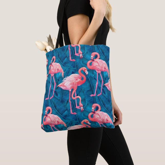 Tote Bag Flamants roses sur feuilles de bananes bleues (De près)