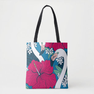 Tote Bag Flamants roses tropicaux : Hibiscus Plumeria Arriè