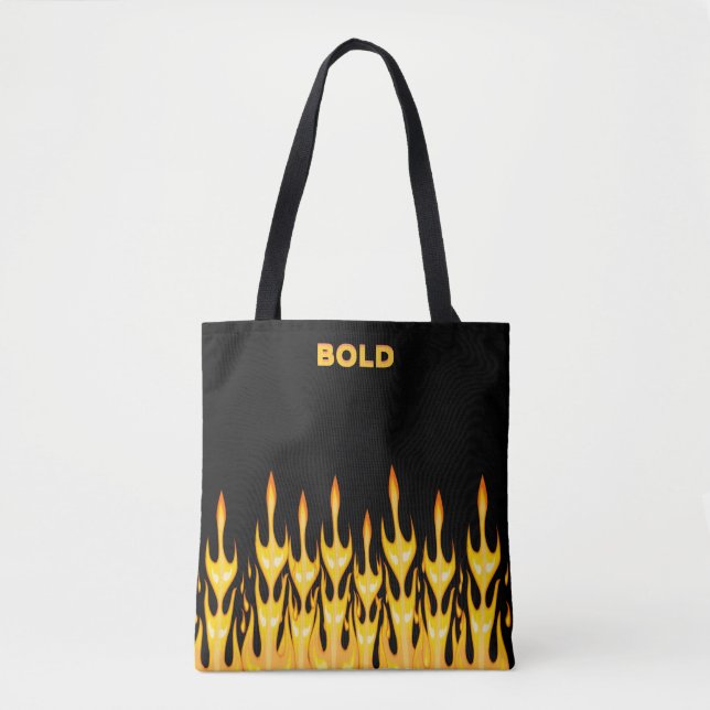Tote Bag Flammes jaunes orange en gras sur noir (Devant)
