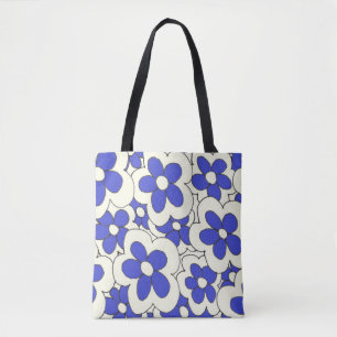 Tote Bag Fleur à main dessinée imprimé bleu blanc
