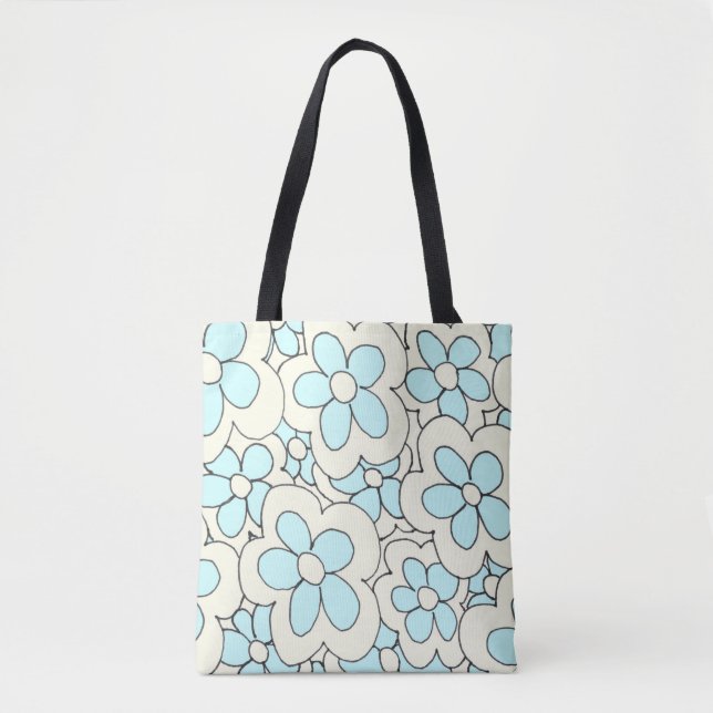 Tote Bag Fleur à main dessinée imprimé bleu blanc (Devant)