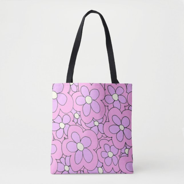 Tote Bag Fleur à main dessinée imprimé rose violet (Devant)