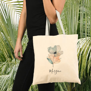 Tote Bag Fleur aquarelle tendance, nom de script ou monogra