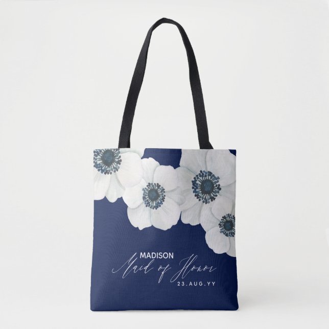 Tote Bag Fleur blanche et bleue marine Maid of Honor (Devant)