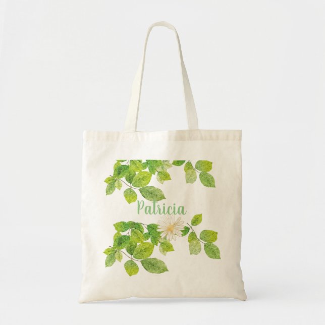 Tote Bag Fleur blanche et jardin Feuille vert (Devant)