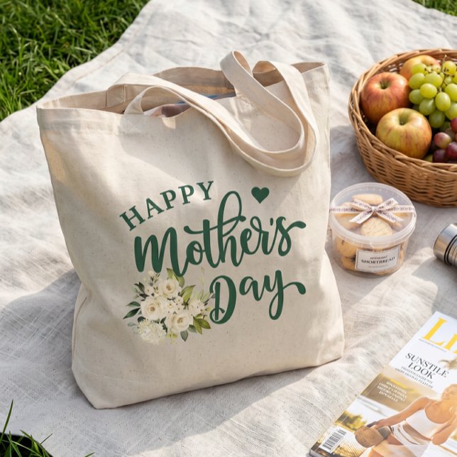 Tote Bag Fleur blanche verte Bonne fête des mères (Créateur téléchargé)