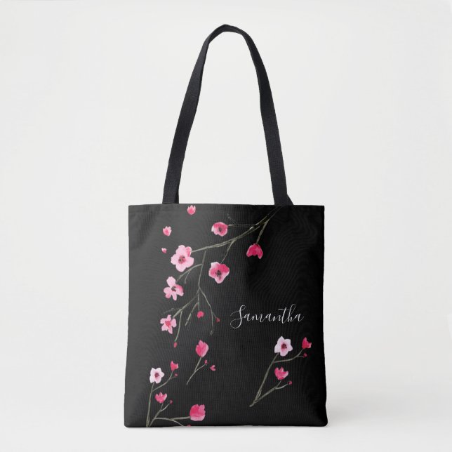 Tote Bag Fleur cerise personnalisée Noir (Devant)