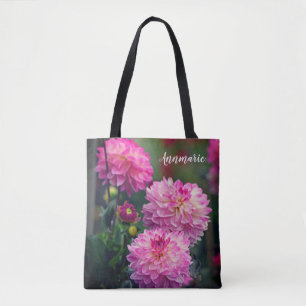 Tote Bag Fleur Dahlia rose et blanc personnalisée