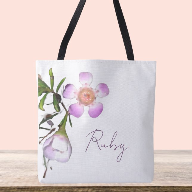 Tote Bag Fleur de cire délicate en fleurs (Customizable wax flower design crossbody bag, shoulder tote with purple and white and green stem)