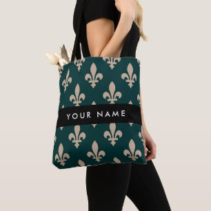 Tote Bag Fleur de Lis, Beige sur Vert, Royal, Votre Nom