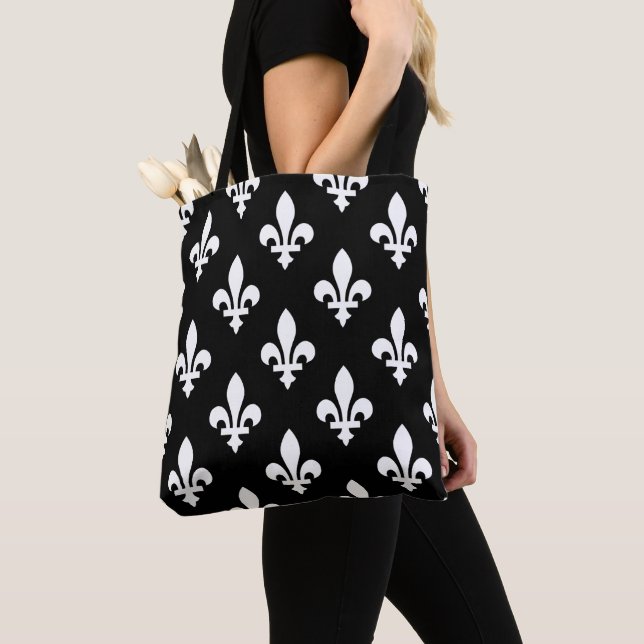 Tote Bag Fleur de Lis Motif, Royal French, Blanc sur Noir (De près)