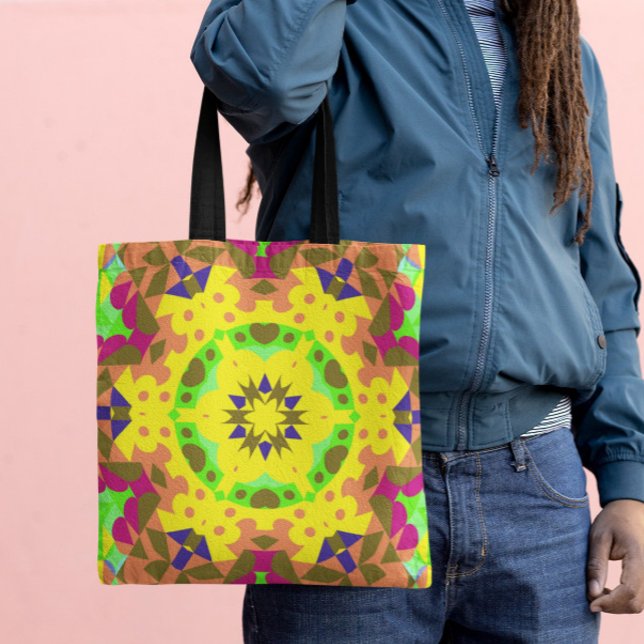 Tote Bag Fleur de Mandala jaune orange vert et rose (Créateur téléchargé)