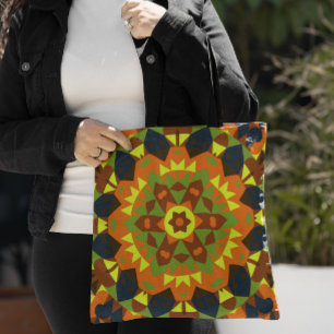 Tote Bag Fleur de Mandala rétro orange jaune et bleu