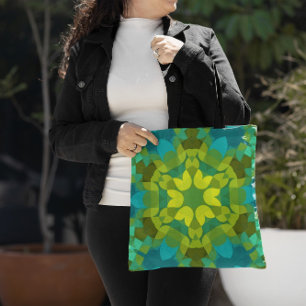 Tote Bag Fleur de Mandala vert jaune et bleu